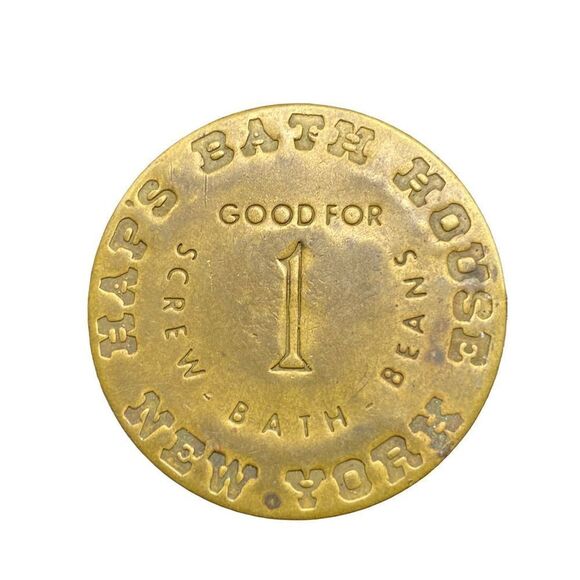 Hap's Bath House New York Token Good For All Night  Brass Coin Screw Bath Beans - Picture 1 of 6
